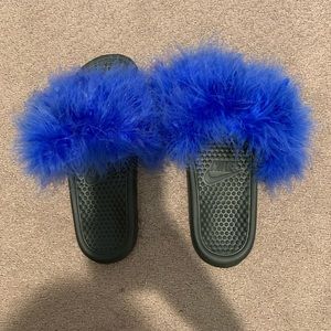 custom made blue furr nike slides